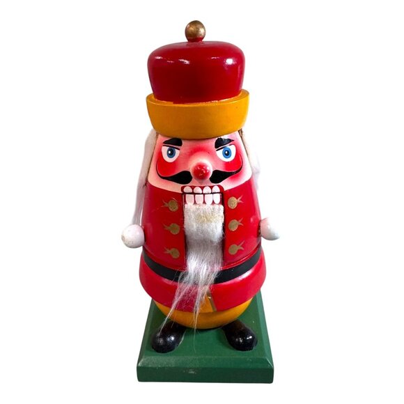 Vintage Wooden Nutcracker Figurine 10" Christmas Decor Red & Green White Hair - Picture 1 of 8